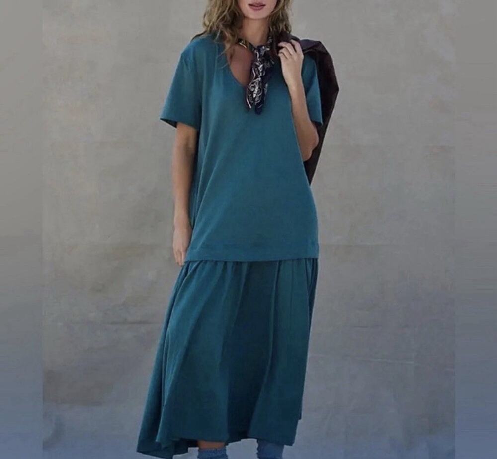 Free People Herron Maxi Dress XS Cottton Drop Waist Tiered Green Teal Boho Ae10